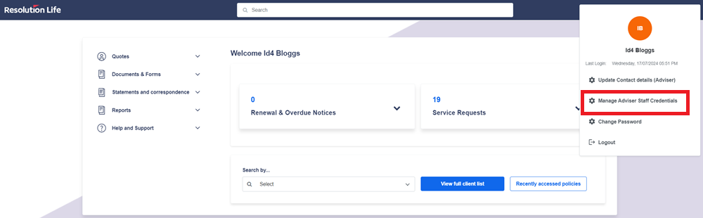 manage adviser staff credentials is second on the list on the right top panel after you click on your name on the top right